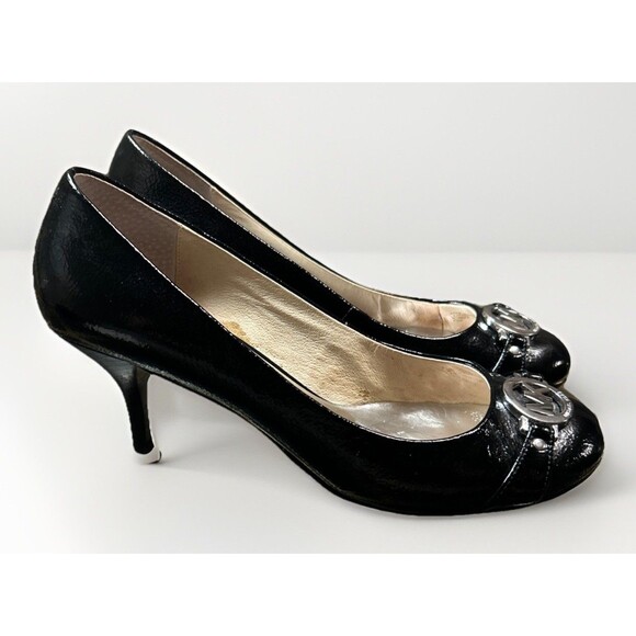 Michael Kors Michael Monogram Black Patent Leather Kitten Heels Size 7.5 - Picture 1 of 10